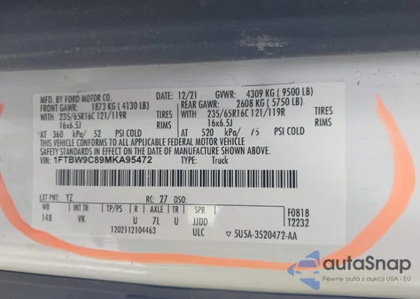 2021 Ford Transit-350 z USA, uszkodzony, nr VIN 1FTBW9C89MKA95472